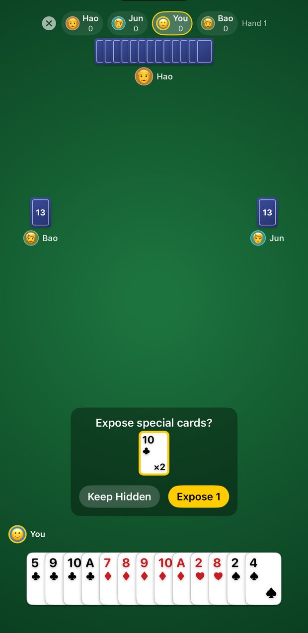 The exposure prompt asking whether to expose special cards, with the ten of clubs and the Jack of Diamonds offered and the Jack selected.